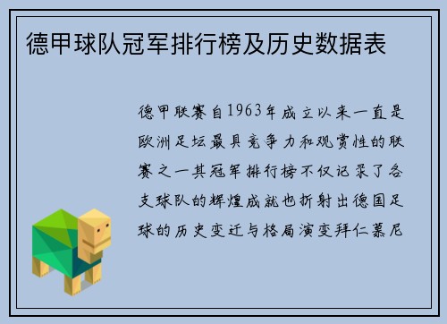 德甲球队冠军排行榜及历史数据表