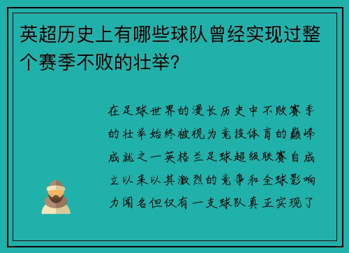 英超历史上有哪些球队曾经实现过整个赛季不败的壮举？