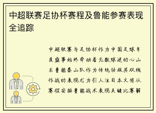 中超联赛足协杯赛程及鲁能参赛表现全追踪