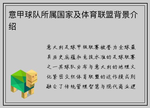 意甲球队所属国家及体育联盟背景介绍
